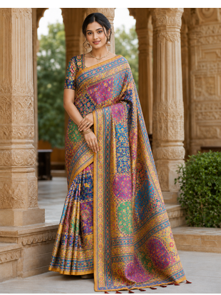 Yellow Color Printed With Hand Aari Work Jari Outing Work With Mirror Dola Silk Saree 1
