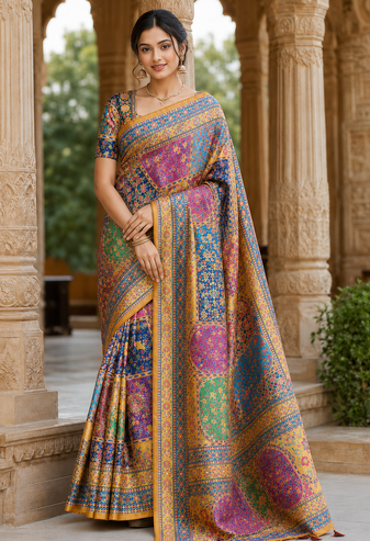 Yellow Color Printed With Hand Aari Work Jari Outing Work With Mirror Dola Silk Saree