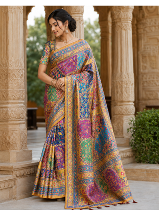 Yellow Color Printed With Hand Aari Work Jari Outing Work With Mirror Dola Silk Saree 2