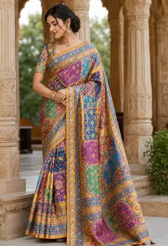 Yellow Color Printed With Hand Aari Work Jari Outing Work With Mirror Dola Silk Saree