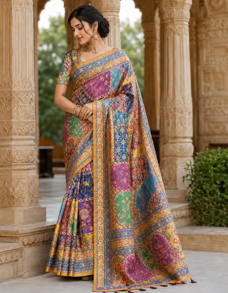 Yellow Color Printed With Hand Aari Work Jari Outing Work With Mirror Dola Silk Saree