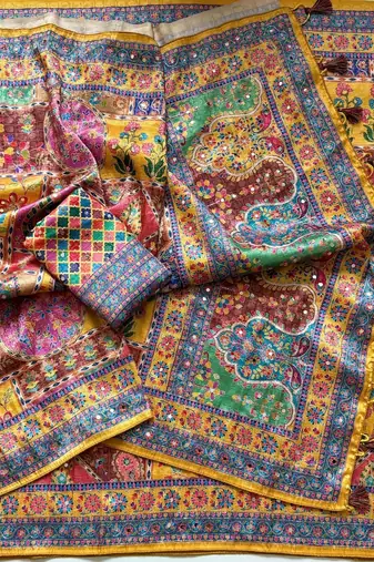 Yellow Color Printed With Hand Aari Work Jari Outing Work With Mirror Dola Silk Saree