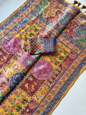 Yellow Color Printed With Hand Aari Work Jari Outing Work With Mirror Dola Silk Saree 4