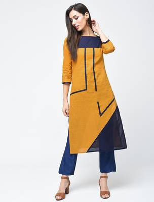 cotton color block straight kurta,mustard,(s,m,l,xl,2xl,3xl) 1