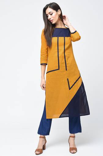 cotton color block straight kurta mustard