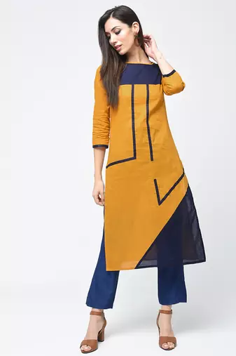 cotton color block straight kurta,mustard,(s,m,l,xl,2xl,3xl)