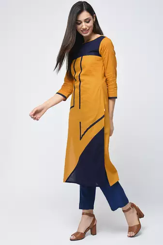 cotton color block straight kurta,mustard,(s,m,l,xl,2xl,3xl)