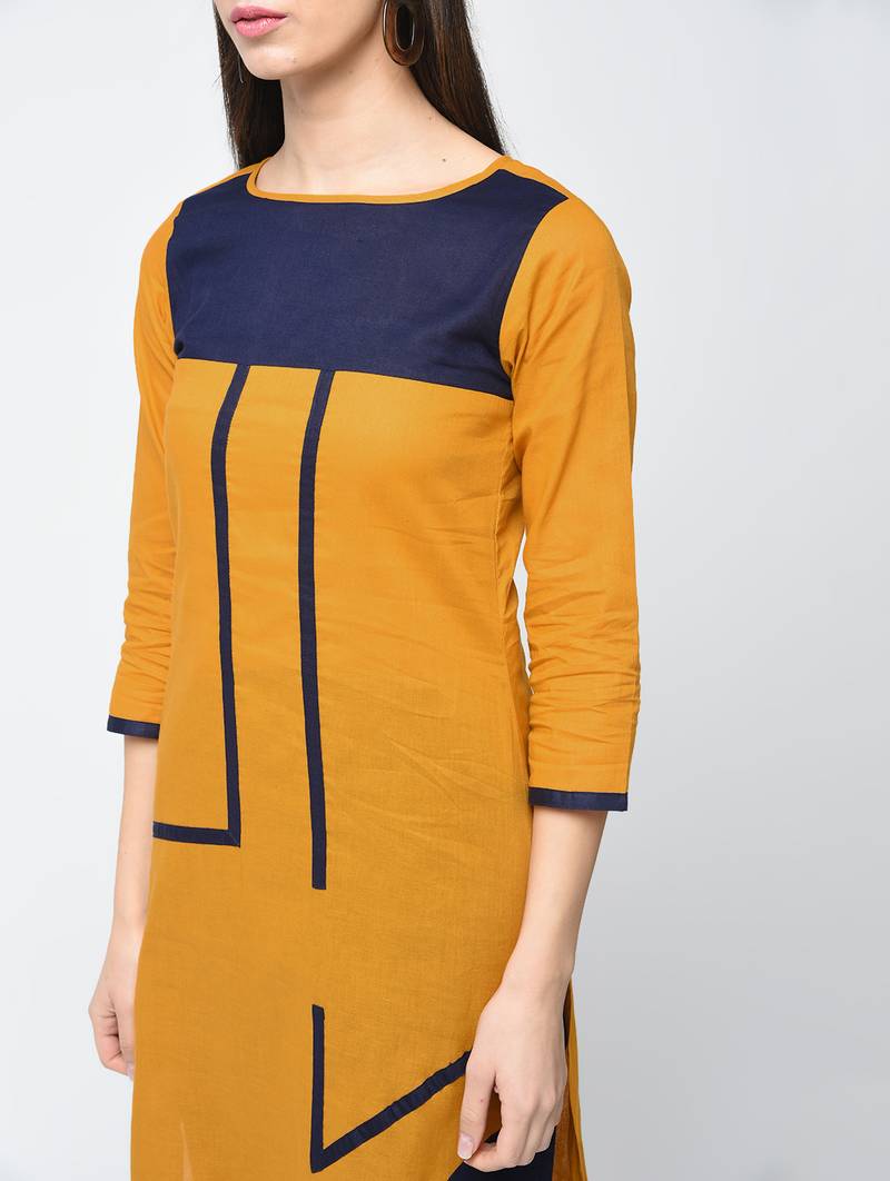 cotton color block straight kurta,mustard,(s,m,l,xl,2xl,3xl)