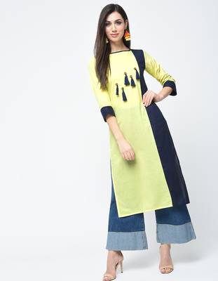 cottoncolor block straight kurta with tassels,yellow,(s,m,l,xl,2xl,3xl) 1