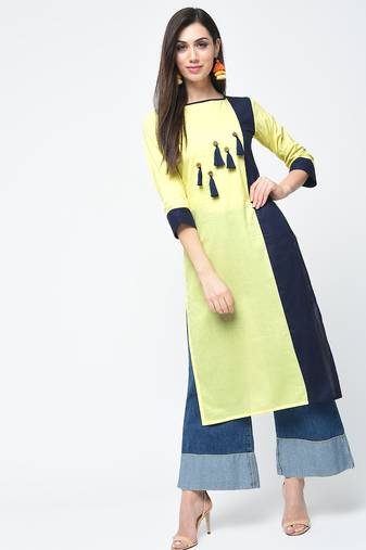 cottoncolor block straight kurta with tassels yellow
