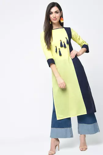 cottoncolor block straight kurta with tassels,yellow,(s,m,l,xl,2xl,3xl)