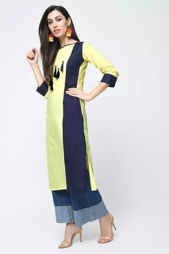 cottoncolor block straight kurta with tassels,yellow,(s,m,l,xl,2xl,3xl)