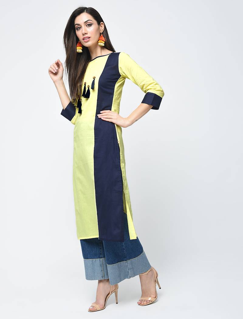 cottoncolor block straight kurta with tassels,yellow,(s,m,l,xl,2xl,3xl)