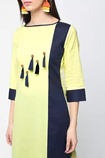 cottoncolor block straight kurta with tassels,yellow,(s,m,l,xl,2xl,3xl)