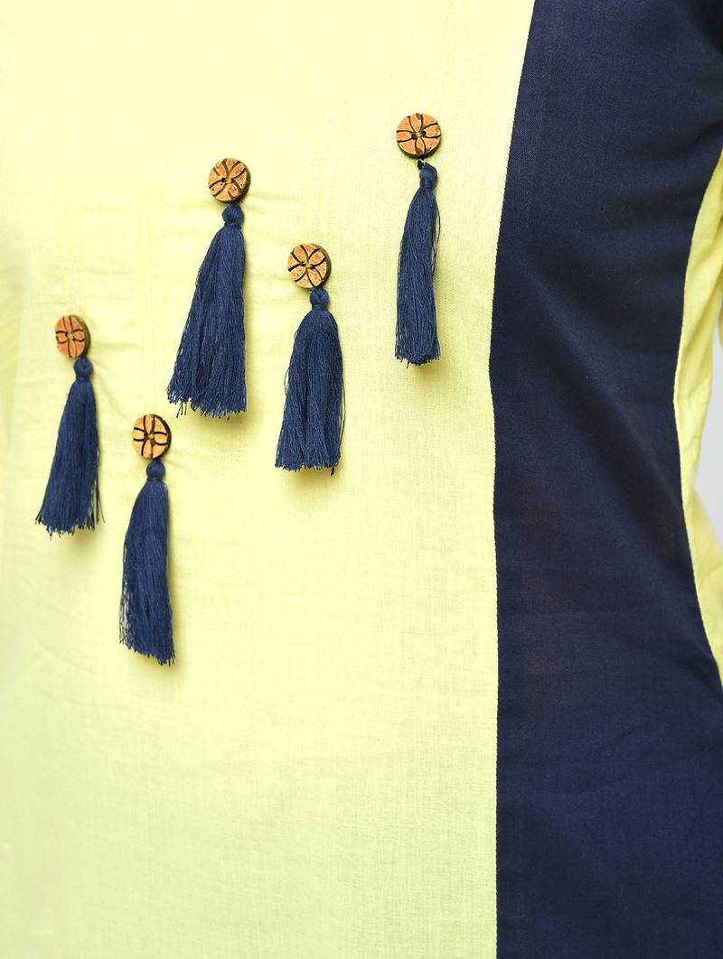 cottoncolor block straight kurta with tassels,yellow,(s,m,l,xl,2xl,3xl)