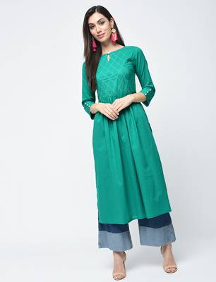 Cotton solid flared kurta with key hole neck,turquoise,(s,m,l,xl,2xl,3xl) 1