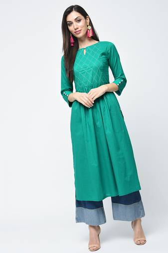 Cotton solid flared kurta with key hole neck turquoise