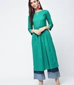 Cotton solid flared kurta with key hole neck,turquoise,(s,m,l,xl,2xl,3xl)