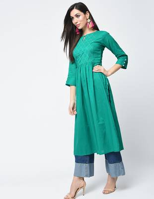 Cotton solid flared kurta with key hole neck,turquoise,(s,m,l,xl,2xl,3xl) 2