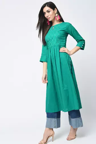 Cotton solid flared kurta with key hole neck,turquoise,(s,m,l,xl,2xl,3xl)