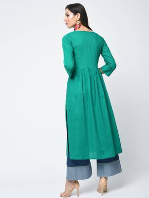 Cotton solid flared kurta with key hole neck,turquoise,(s,m,l,xl,2xl,3xl) 3