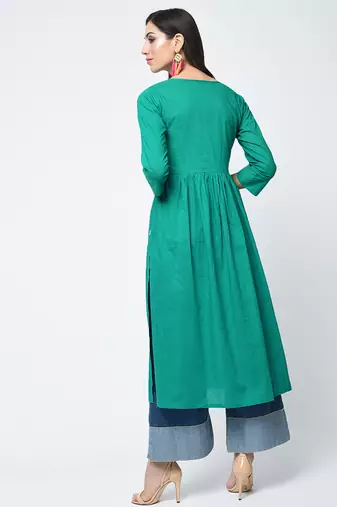 Cotton solid flared kurta with key hole neck,turquoise,(s,m,l,xl,2xl,3xl)