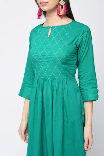 Cotton solid flared kurta with key hole neck,turquoise,(s,m,l,xl,2xl,3xl)