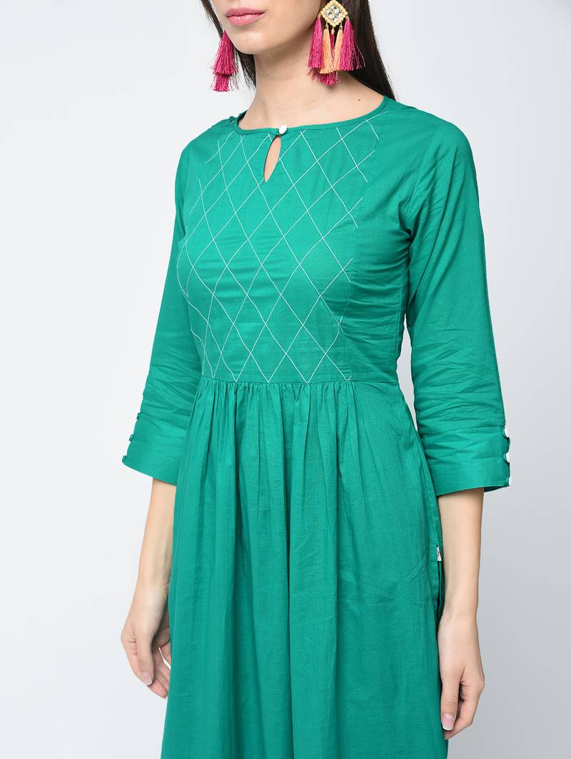 Cotton solid flared kurta with key hole neck,turquoise,(s,m,l,xl,2xl,3xl)