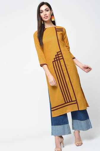 cotton straight kurta with patchwork  mustard