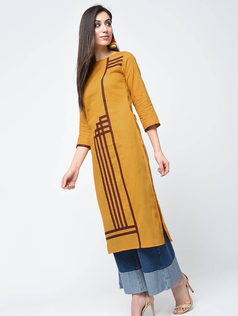 cotton straight kurta with patchwork ,mustard,(s,m,l,xl,2xl,3xl)