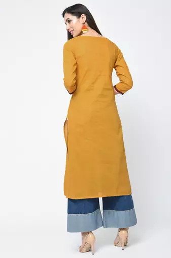 cotton straight kurta with patchwork ,mustard,(s,m,l,xl,2xl,3xl)