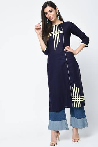 cotton straight kurta with patchwork  blue