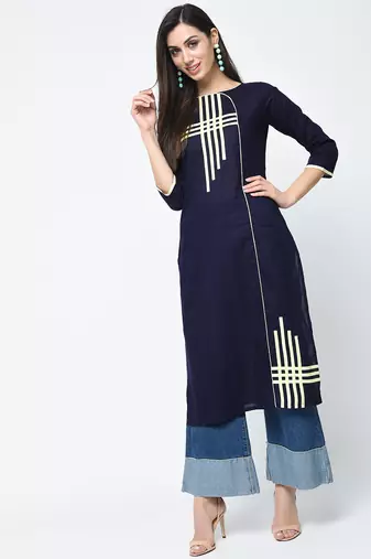 cotton straight kurta with patchwork ,blue,(s,m,l,xl,2xl,3xl)