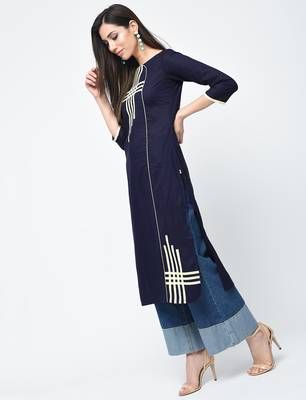 cotton straight kurta with patchwork ,blue,(s,m,l,xl,2xl,3xl) 2