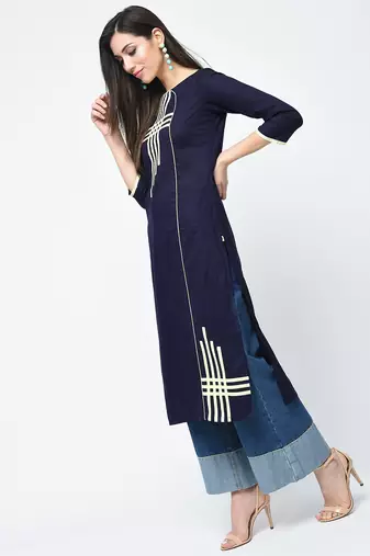 cotton straight kurta with patchwork ,blue,(s,m,l,xl,2xl,3xl)