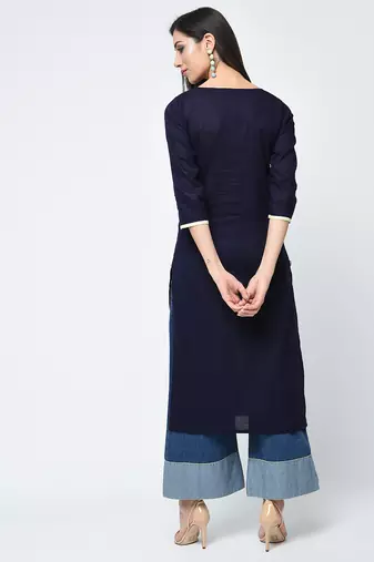 cotton straight kurta with patchwork ,blue,(s,m,l,xl,2xl,3xl)