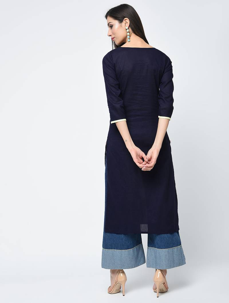 cotton straight kurta with patchwork ,blue,(s,m,l,xl,2xl,3xl)