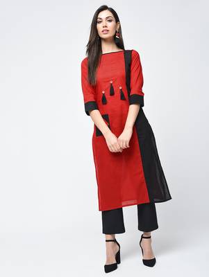cotton color block straight kurta,red,(s,m,l,xl,2xl,3xl) 1