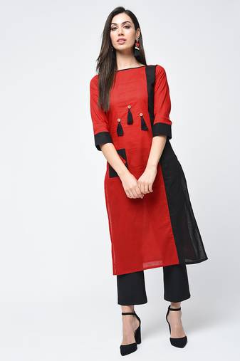 cotton color block straight kurta red