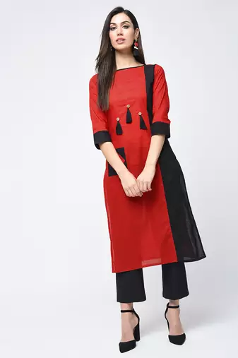 cotton color block straight kurta,red,(s,m,l,xl,2xl,3xl)