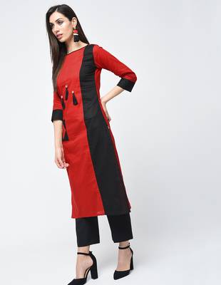 cotton color block straight kurta,red,(s,m,l,xl,2xl,3xl) 2