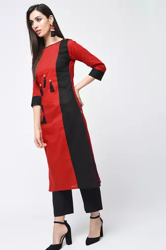 cotton color block straight kurta,red,(s,m,l,xl,2xl,3xl)