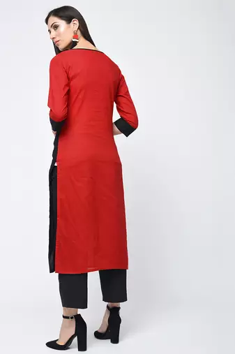 cotton color block straight kurta,red,(s,m,l,xl,2xl,3xl)