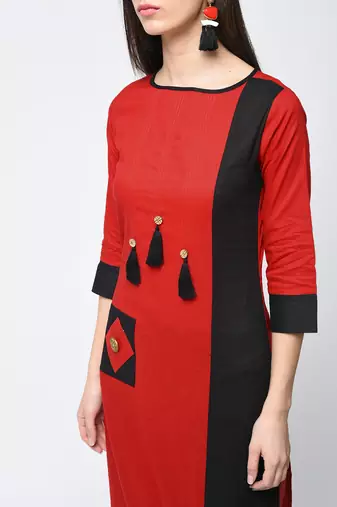 cotton color block straight kurta,red,(s,m,l,xl,2xl,3xl)