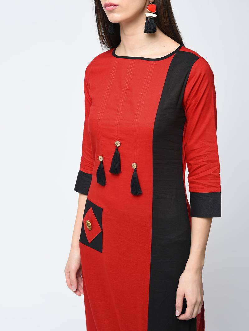 cotton color block straight kurta,red,(s,m,l,xl,2xl,3xl)