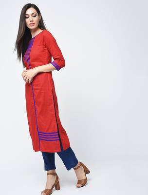 cotton straight kurta with patchwork ,red,(s,m,l,xl,2xl,3xl) 1