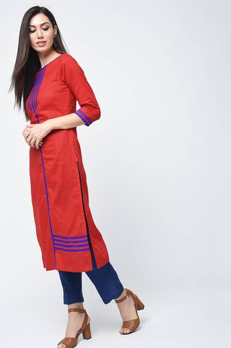 cotton straight kurta with patchwork  red