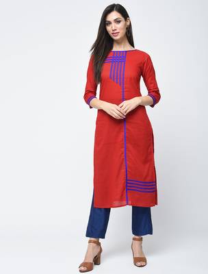cotton straight kurta with patchwork ,red,(s,m,l,xl,2xl,3xl) 2