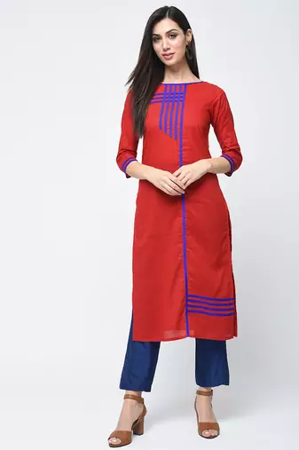 cotton straight kurta with patchwork ,red,(s,m,l,xl,2xl,3xl)