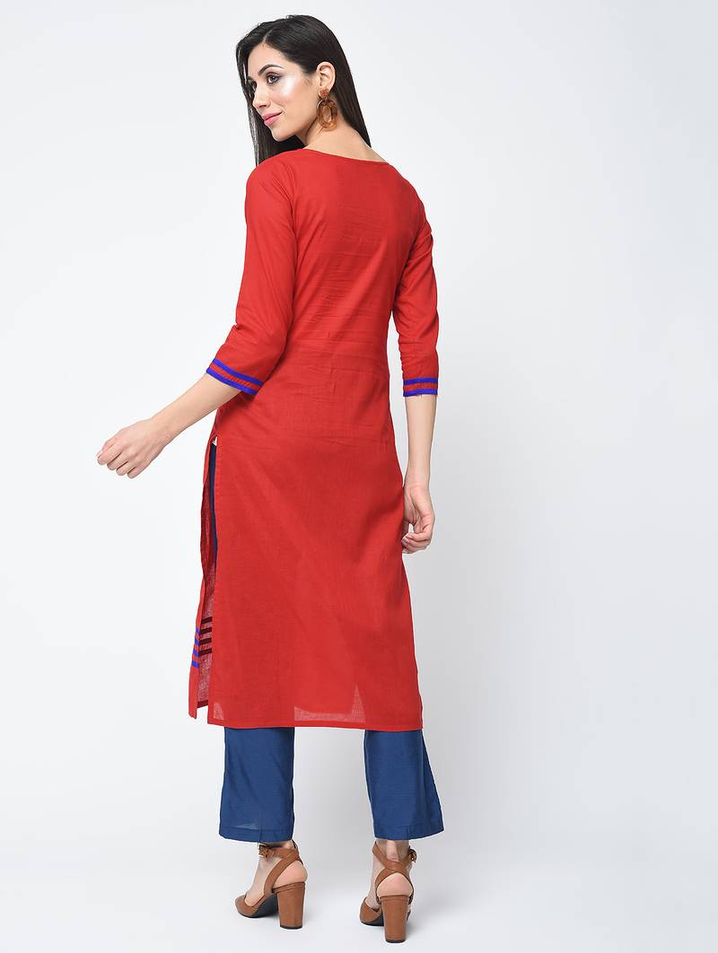 cotton straight kurta with patchwork ,red,(s,m,l,xl,2xl,3xl)